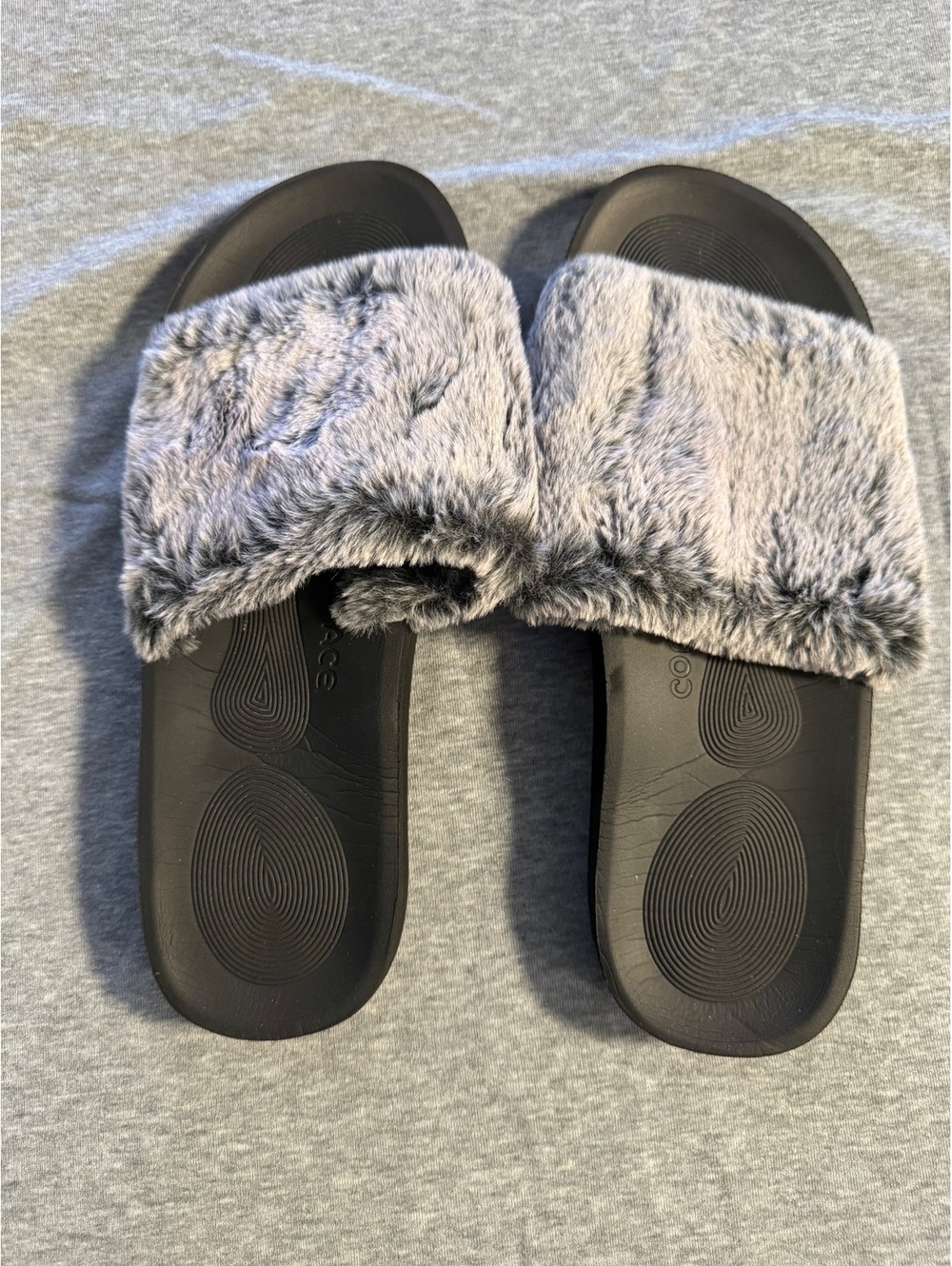 Womens Black Slide Sandals with Gray Faux Fur Strap